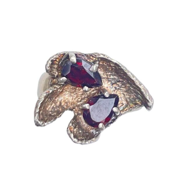 Vintage Brutalist Sterling Silver Garnet Ring - Size 6.5 - Picture 1 of 3